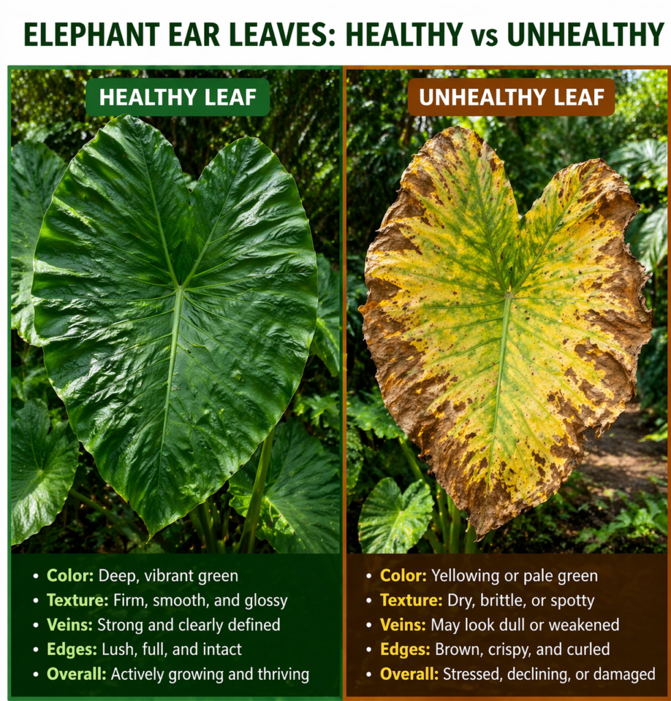  Healthy vs unhealthy elephant ear plant leaves
