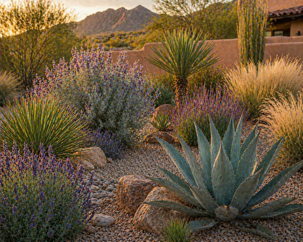 Southwestern xeriscape garden featuring agave, yucca, Texas sage, lavender, and ornamental grasses with gravel mulch and desert stones in a drought-tolerant landscape.