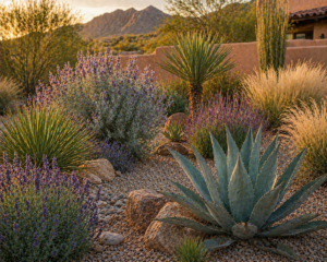 Southwestern xeriscape garden featuring agave, yucca, Texas sage, lavender, and ornamental grasses with gravel mulch and desert stones in a drought-tolerant landscape.