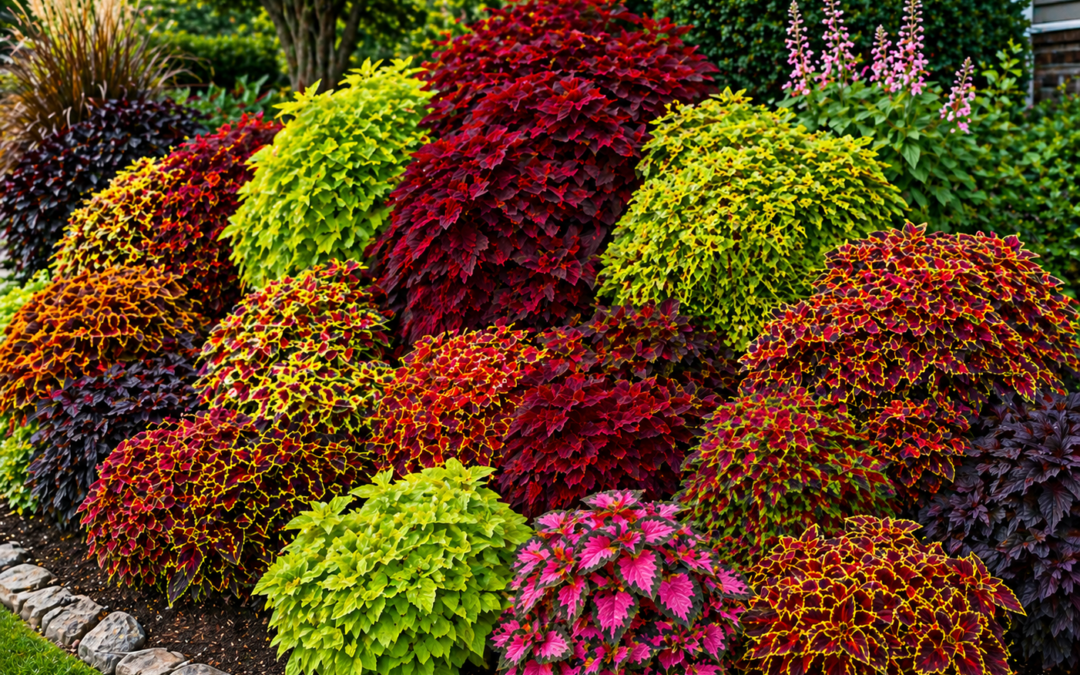 Mixed coleus garden bed with vibrant red, purple, lime green, pink, and yellow foliage arranged in layered ornamental landscaping for bold seasonal color.
