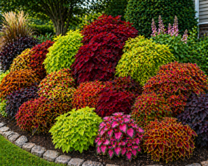 Mixed coleus garden bed with vibrant red, purple, lime green, pink, and yellow foliage arranged in layered ornamental landscaping for bold seasonal color.