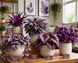 Indoor purple leaf plants in decorative pots, featuring Tradescantia, Purple Heart, Persian Shield, Rex Begonia, and Purple Shamrock in a bright modern living room.