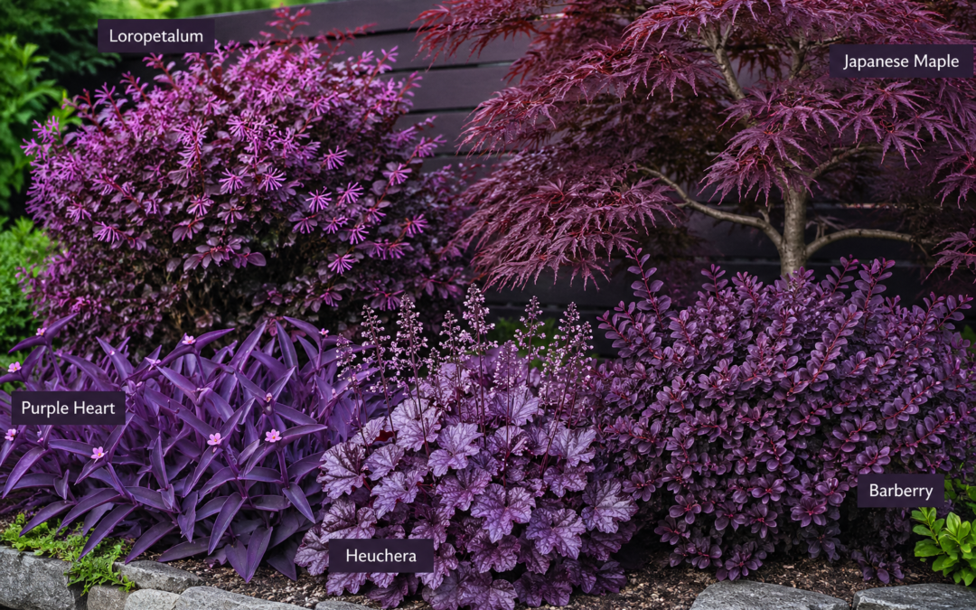 : Outdoor garden featuring layered purple foliage plants in borders and structured landscaping.