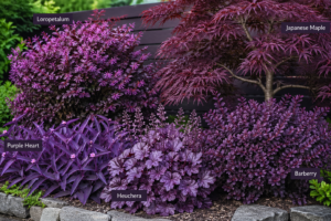 : Outdoor garden featuring layered purple foliage plants in borders and structured landscaping.