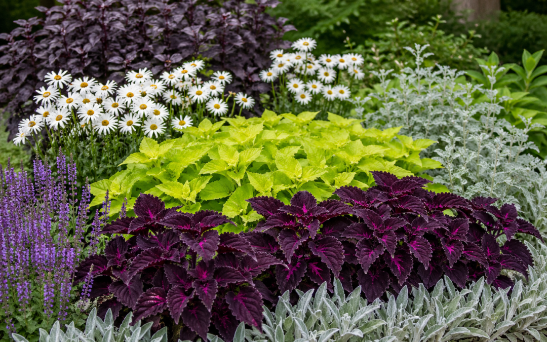 Layered garden design featuring purple foliage plants, white blooms, lime green leaves, and silver companion plants creating strong contrast and balanced color harmony.