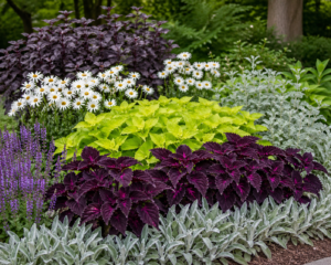 Layered garden design featuring purple foliage plants, white blooms, lime green leaves, and silver companion plants creating strong contrast and balanced color harmony.