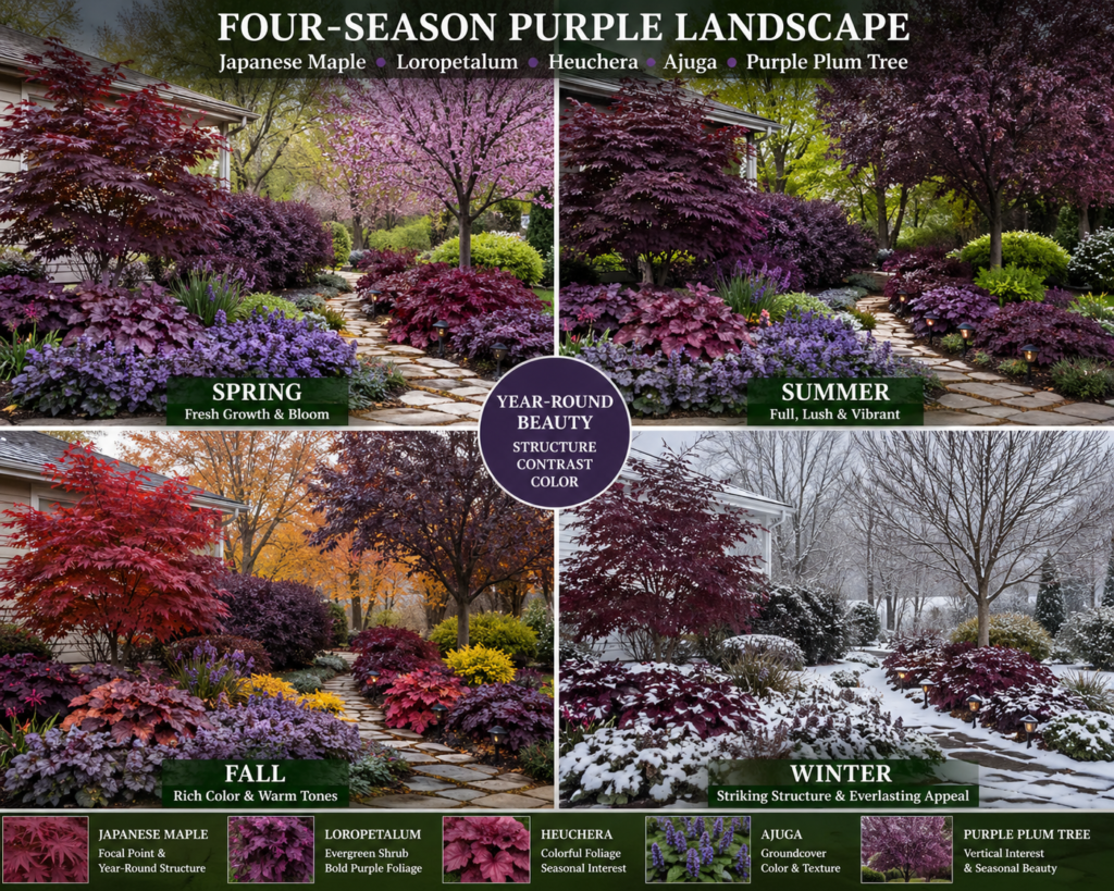 Four-season purple landscape garden with Japanese maple, loropetalum, heuchera, ajuga, and purple plum tree showing spring, summer, fall, and winter beauty.