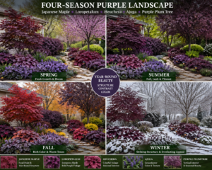Four-season purple landscape garden with Japanese maple, loropetalum, heuchera, ajuga, and purple plum tree showing spring, summer, fall, and winter beauty.
