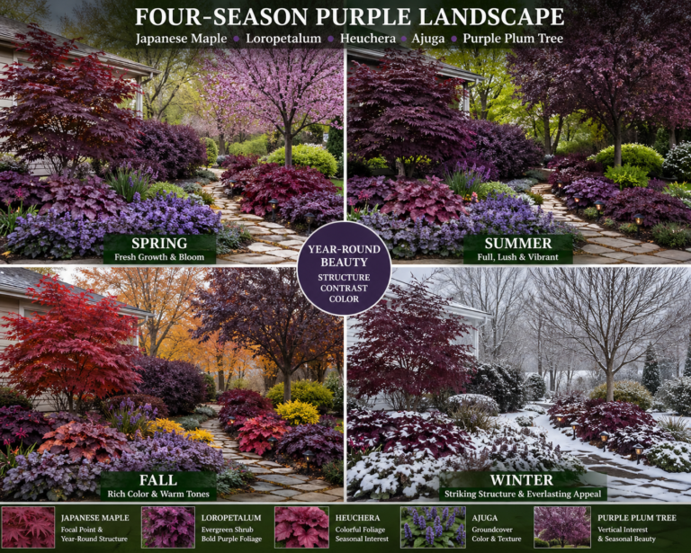 Four-season purple landscape garden with Japanese maple, loropetalum, heuchera, ajuga, and purple plum tree showing spring, summer, fall, and winter beauty.