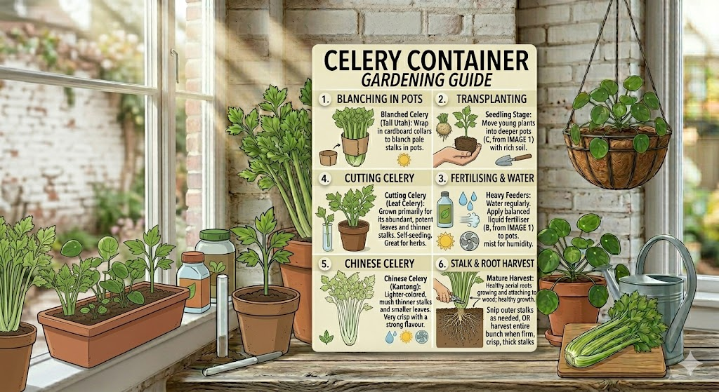 Illustrated indoor gardening guide showing how to grow celery in containers on a sunny windowsill surrounded by potted plants.