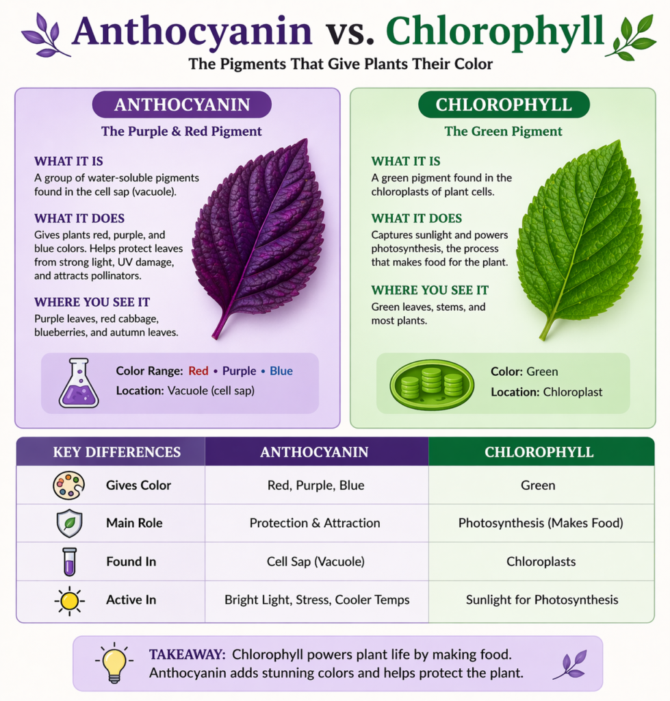 Anthocyanin vs Chlorophyll showing a purple leaf for anthocyanin and a green leaf for chlorophyll, with sections explaining their color, function, location in plants, and key differences.
