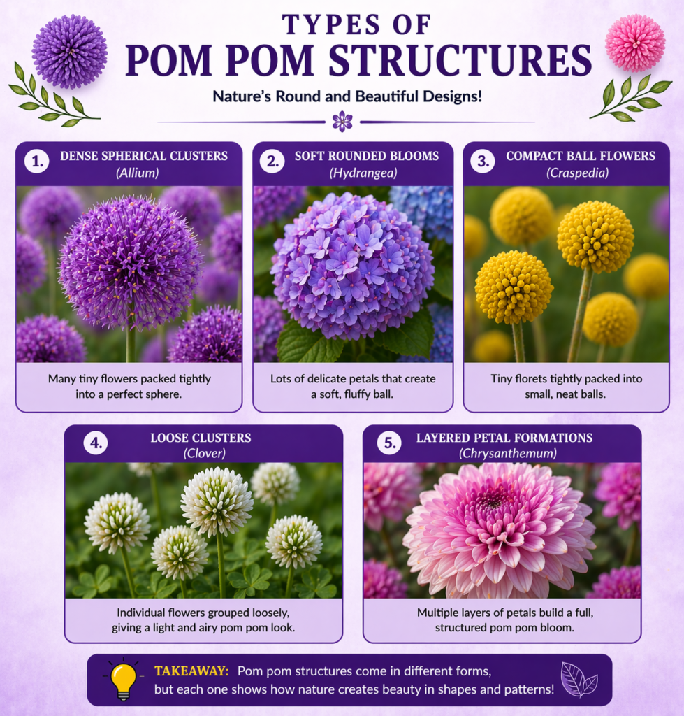 Types of Pom Pom Structures showing five flower forms—Allium, Hydrangea, Craspedia, Clover, and Chrysanthemum—each illustrated with labeled images and descriptions of their round or clustered bloom structures on a soft lavender botanical background.
