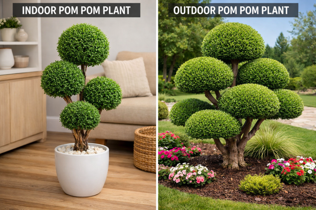 Side-by-side view of pom pom plants: a small, neatly trimmed indoor topiary in a pot inside a modern room, and a larger, multi-tiered pom pom tree growing outdoors in a landscaped garden.