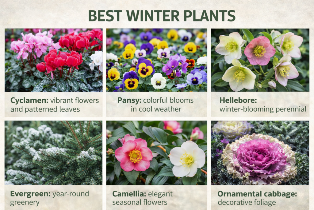 Six winter plants: cyclamen, pansy, hellebore, evergreen, camellia, and ornamental cabbage, each with labeled photos highlighting colorful blooms and foliage in a cool-season setting.