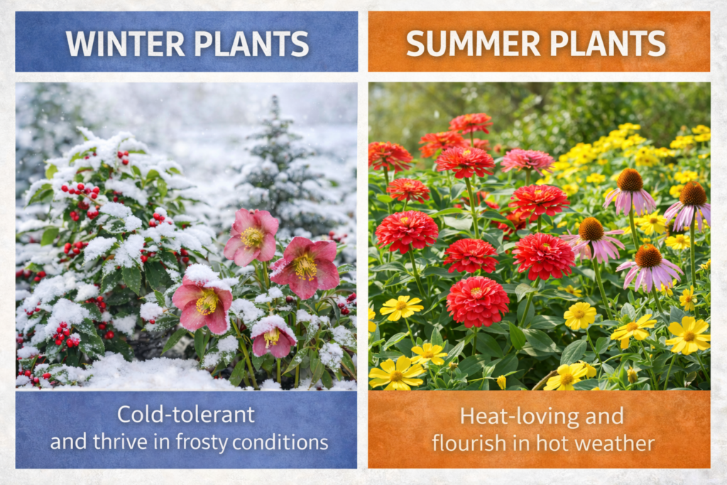 Winter plants in a snowy scene with cold-tolerant flowers and evergreens on the left, and summer plants in a bright garden with colorful, heat-loving blooms on the right.