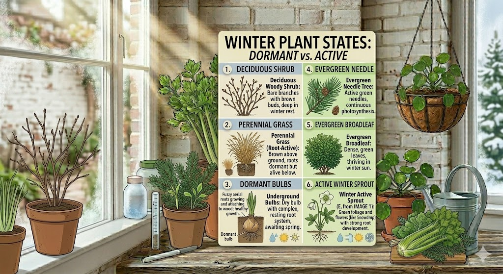 Dormant vs. Active" displaying six panels that contrast dormant deciduous shrubs and bulbs with active evergreens and winter sprouts, set on a sunny windowsill.