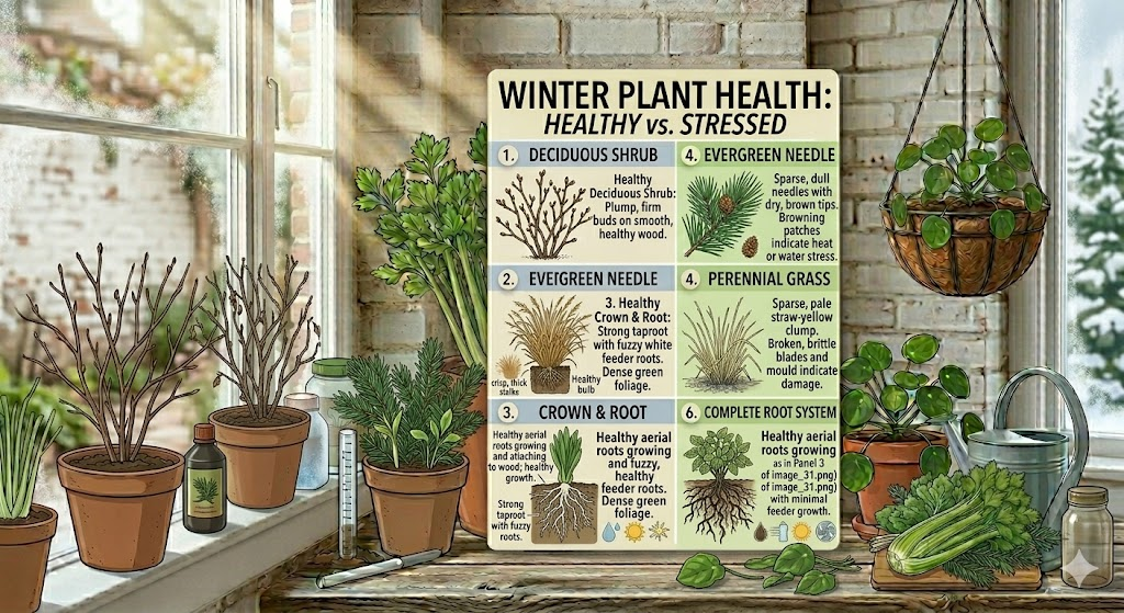 Healthy plant vs. Stressed plant shown on a sunlit windowsill with surrounding potted plants.