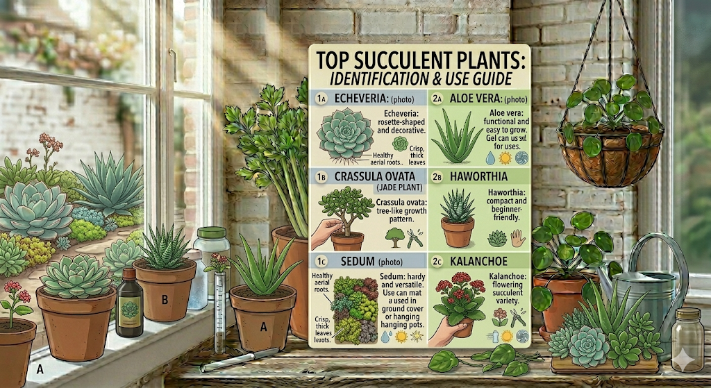 Top Succulent Plants guide on a windowsill, identifying varieties like Echeveria, Aloe Vera, and Jade Plant with descriptions and drawings.