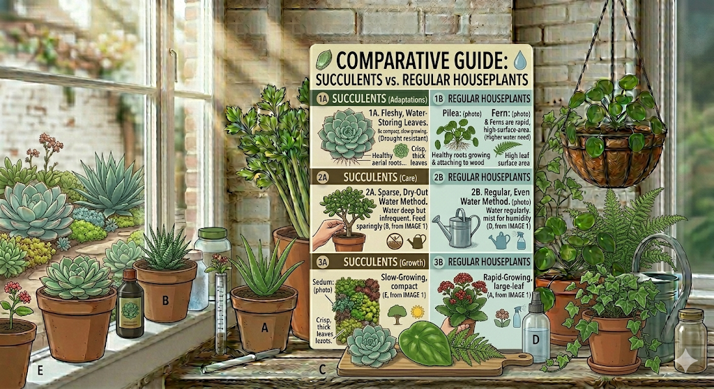 "Comparative Guide: Succulents vs. Regular Houseplants" displayed on a sunlit windowsill alongside various indoor plants.