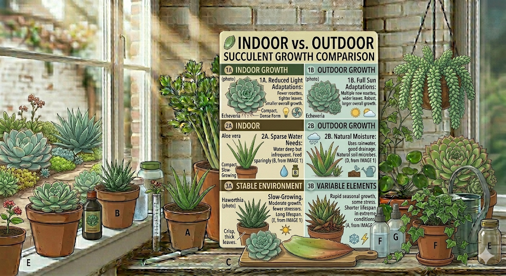 An infographic titled "Indoor vs. Outdoor Succulent Growth Comparison" on a windowsill, contrasting light adaptations, moisture needs, and environmental stability.