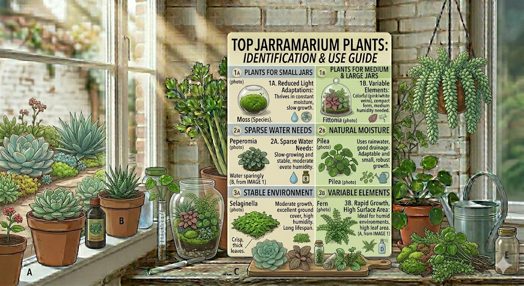"Top Jarrarium Plants" displayed on a sunlit windowsill, featuring Moss, Fittonia, Peperomia, Pilea, Selaginella, and Ferns with descriptions of their growth habits and light needs.