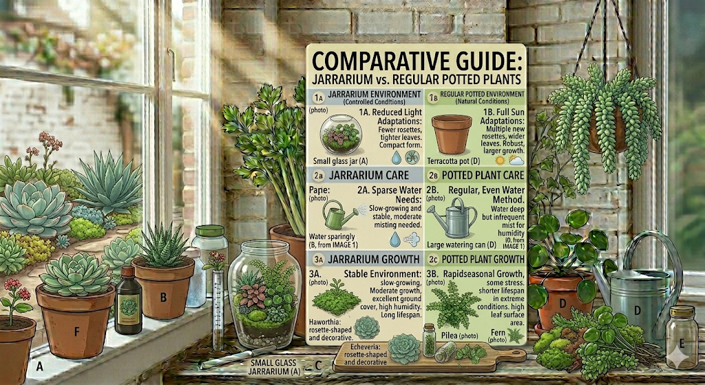 "Comparative Guide: Jarrarium vs. Regular Potted Plants," contrasting environmental adaptations, care, and growth, surrounded by various potted succulents and a glass terrarium.