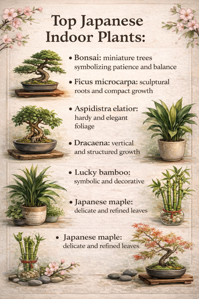 Illustrated guide showing top Japanese indoor plants like bonsai, ficus microcarpa, lucky bamboo, and Japanese maple with a soft, elegant aesthetic.