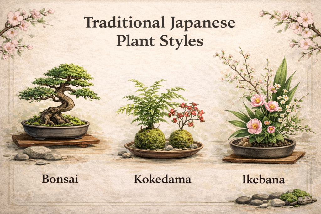 Illustration of traditional Japanese plant styles featuring bonsai, kokedama, and ikebana arranged in a calm, minimalist setting with soft floral accents.
