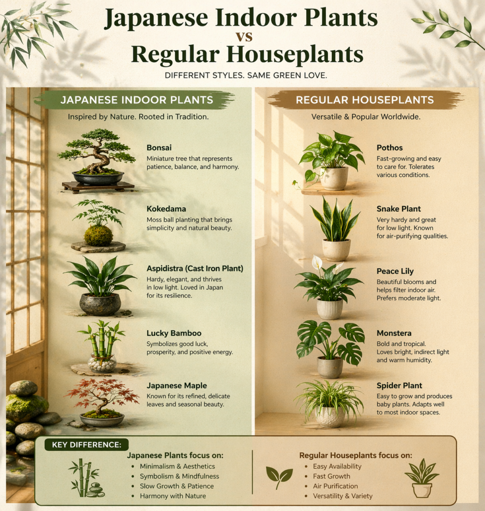 Infographic comparing Japanese indoor plants and regular houseplants, highlighting their styles, features, and key differences in a clean, minimalist layout.
