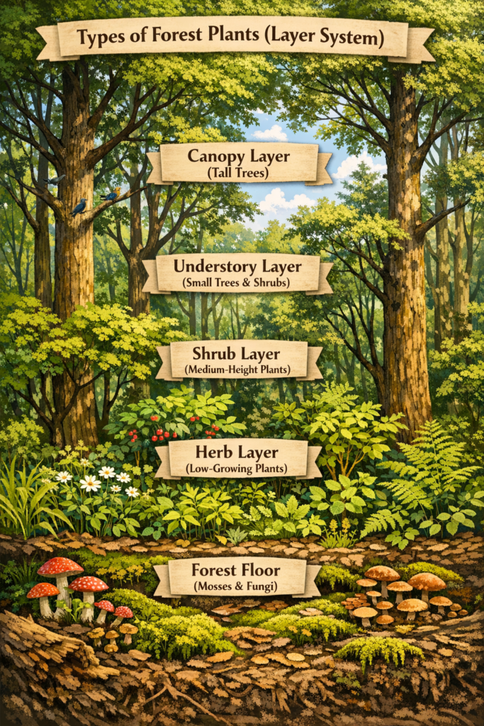 Illustrated forest diagram showing plant layers from canopy trees down to understory, shrubs, herbs, and mossy forest floor with fungi.