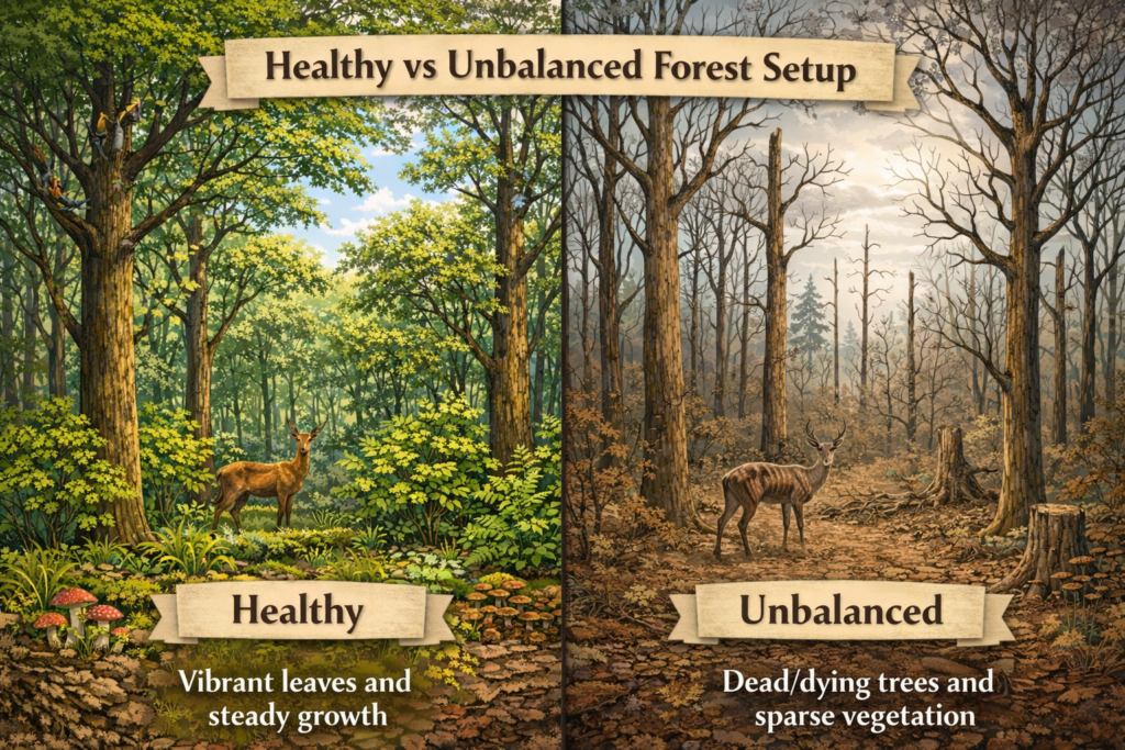 Comparison illustration of a healthy forest with lush green foliage and balanced growth versus an unbalanced forest with sparse, dull vegetation and uneven plant development.