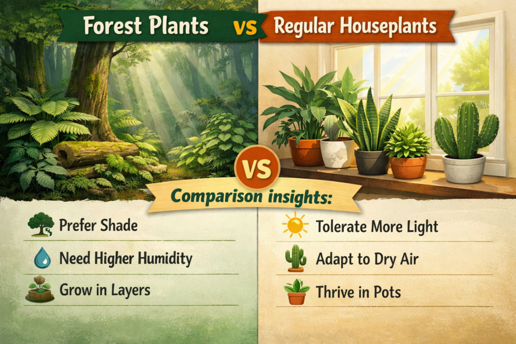 Infographic comparing forest plants and regular houseplants, showing shaded, humid layered forest growth on one side and bright indoor potted plants adapted to drier air on the other.