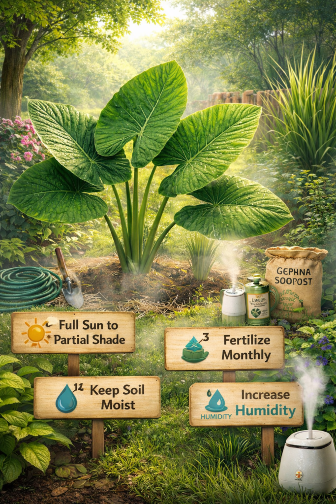 Outdoor garden scene with large elephant ear plants surrounded by care signs, showing sunlight, watering, fertilizing, and added humidity with visible mist from humidifiers.