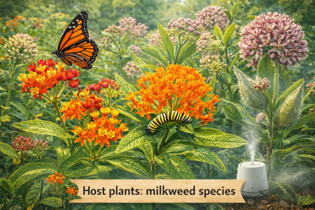 Milkweed plants with bright flowers hosting a monarch butterfly and caterpillar, labeled as host plants for pollinators.