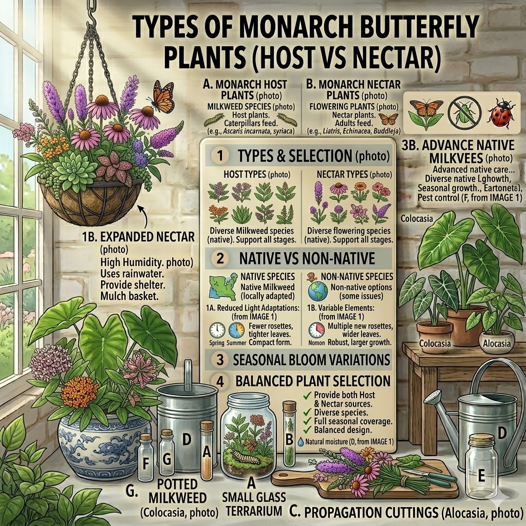 "Types of Monarch Butterfly Plants (Host vs Nectar)" on a sunlit windowsill. It highlights Milkweed as host plants for caterpillars and flowering species for nectar-feeding adults, while covering native vs. non-native species and seasonal bloom variations. The scene is surrounded by potted Milkweed, flowering hanging baskets, and a small terrarium.