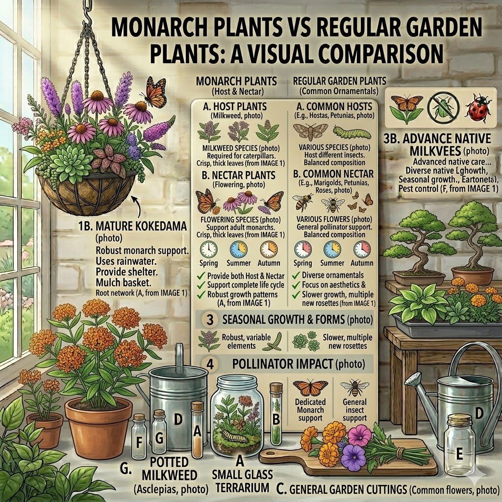 "Monarch Plants" (Milkweed, Echinacea) and "Regular Garden Plants" on a sunlit windowsill. The chart and physical display showcase host vs. nectar plants, native vs. non-native species, and the specific life cycle support provided by each group, surrounded by potted Asclepias, hanging flower baskets, and a small terrarium.