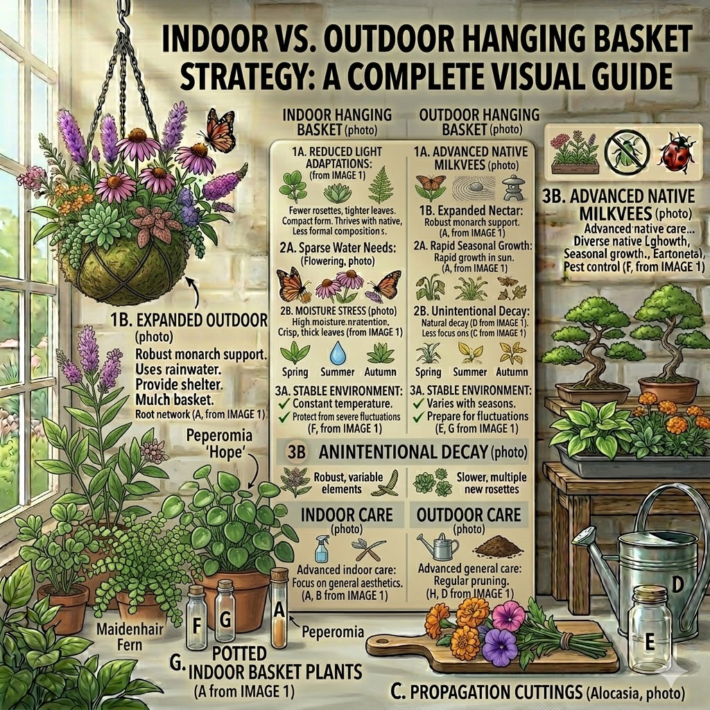 "Indoor vs. Outdoor Hanging Basket Strategy" on a sunlit windowsill. The chart compares indoor care needs, like light adaptation and stable temperatures, with outdoor strategies like rainwater use and seasonal growth. The scene features a lush kokedama hanging ball, potted Peperomia and Maidenhair ferns, and propagation cuttings, all presented in a warm, digital illustration style.