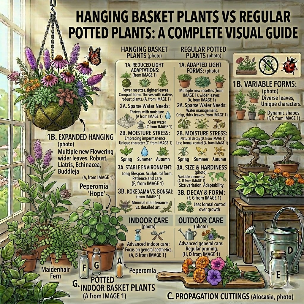 "Hanging Basket Plants vs Regular Potted Plants" on a sunlit windowsill. The detailed chart contrasts light adaptation, watering needs, stable environments, and indoor versus outdoor care strategies for the two types, surrounded by lush potted plants like Peperomia and ferns, propagation cuttings, and a large hanging floral basket.