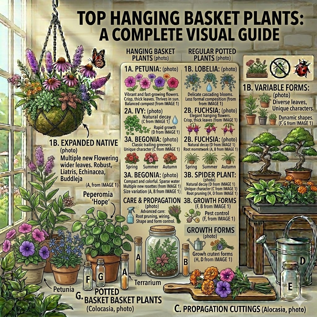 "Top Hanging Basket Plants: A Complete Visual Guide" on a sunlit windowsill. The chart identifies popular choices including Petunia, Lobelia, Ivy, Begonia, Fuchsia, and Spider Plant, detailing their growth habits and vibrant colors. The surrounding display features potted Petunias, a lush hanging flower ball, a small terrarium, and propagation supplies in a warm, instructional digital style.