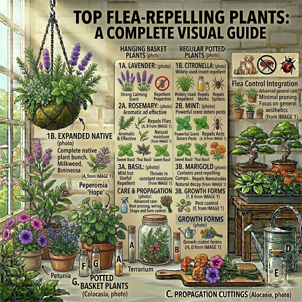 "Top Flea-Repelling Plants: A Complete Visual Guide" on a sunlit windowsill. The chart identifies Lavender, Citronella, Rosemary, Mint, Basil, and Marigold, noting their aromatic properties and effectiveness at deterring pests like fleas and moths. The scene is filled with vibrant greenery, including a lavender-filled hanging kokedama, potted herbs, and a small terrarium.