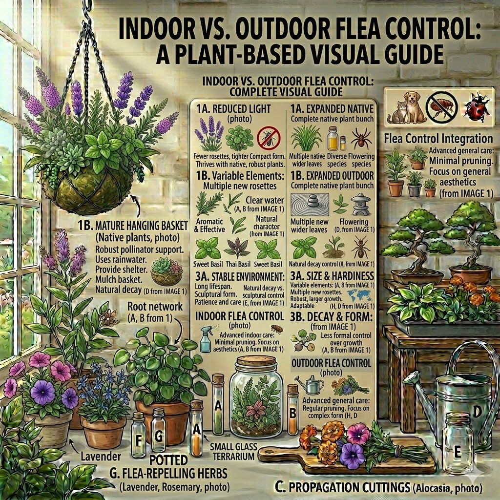 "Indoor vs. Outdoor Flea Control: A Plant-Based Visual Guide" set on a sunlit windowsill. The central chart compares indoor strategies, such as using reduced-light plants and stable environments, against outdoor methods like using native plant bunches and rainwater. The surrounding scene features a variety of flea-repelling greenery, including a lavender hanging kokedama, potted herbs, and a small glass terrarium, all rendered in a detailed, educational digital art style.