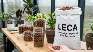 A bag labeled LECA (Lightweight Expanded Clay Aggregate) sits on a wooden table alongside jars of clay pebbles and potted plants. A hand holds a few LECA balls, showing their size and texture in a greenhouse setting.