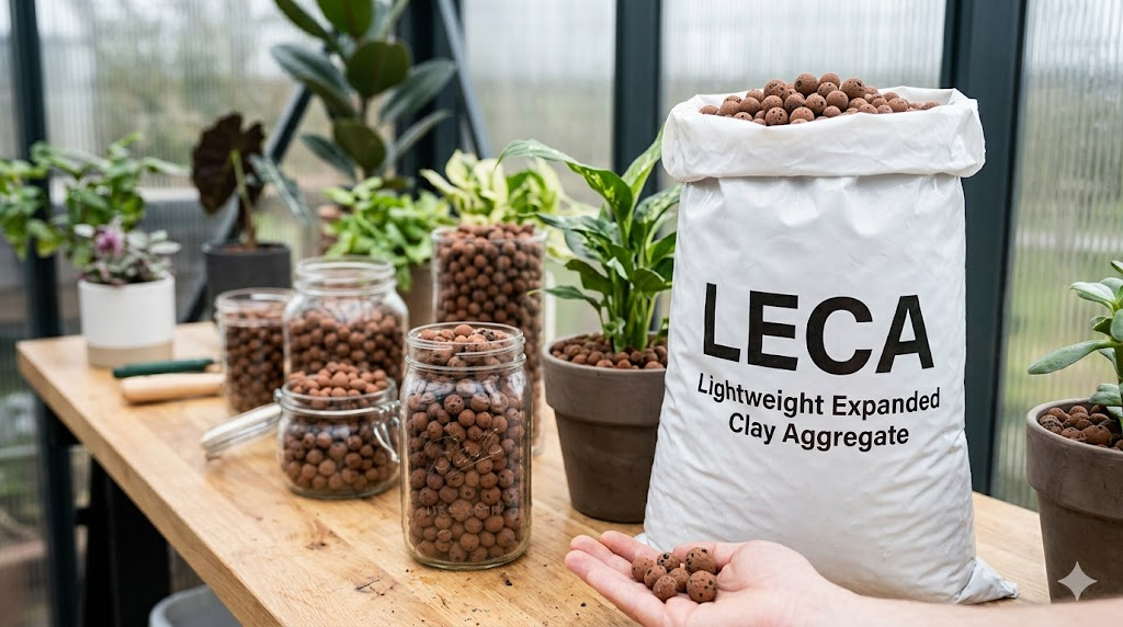 A bag labeled LECA (Lightweight Expanded Clay Aggregate) sits on a wooden table alongside jars of clay pebbles and potted plants. A hand holds a few LECA balls, showing their size and texture in a greenhouse setting.