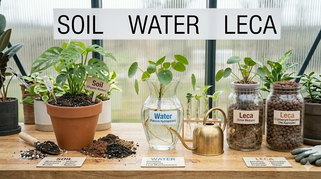 A greenhouse scene comparing three plant-growing methods—soil, water, and LECA—each labeled with pros and cons on display cards. Gardening tools and plants surround the setup on a wooden table.
