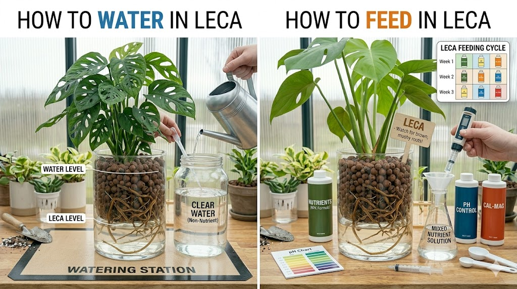 Two-panel infographic showing LECA plant care: one side demonstrates watering with clear water and a reservoir setup, while the other shows feeding with nutrients, pH control, and mixing tools. Both highlight visible root systems in glass containers and proper care steps for healthy growth.
