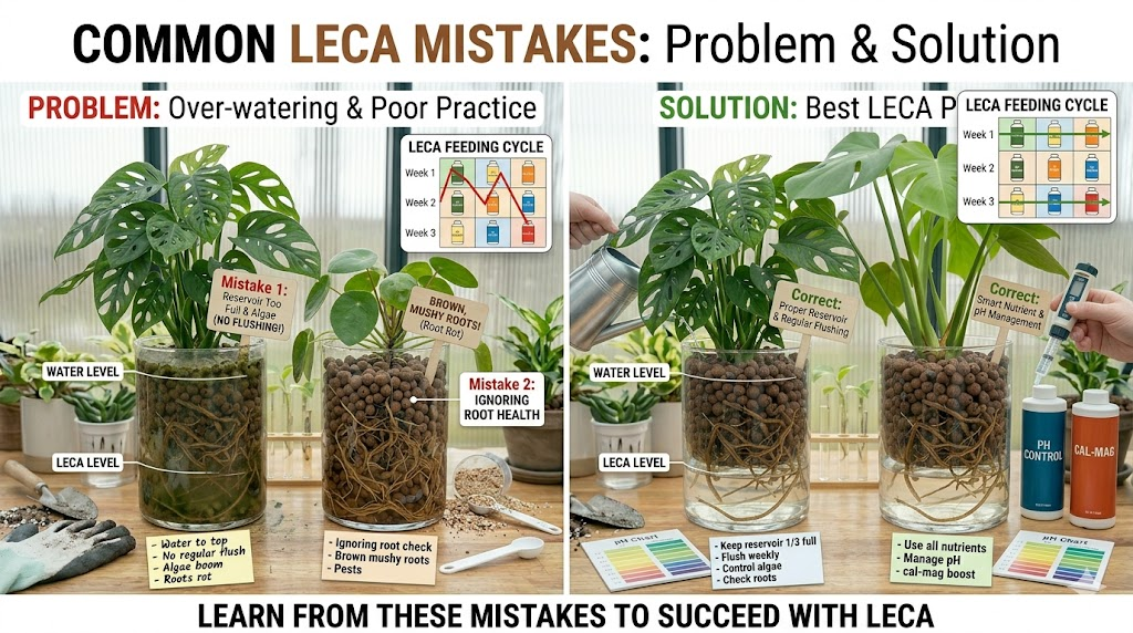 This two-panel infographic compares common LECA gardening mistakes, like over-watering and root rot, with best practices such as proper reservoir levels and pH management. The visual serves as a "Problem & Solution" guide to help growers succeed with semi-hydroponics.