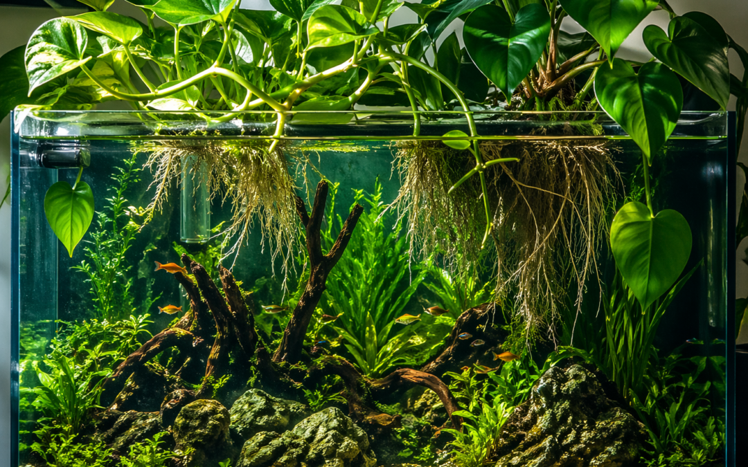 Lush aquarium with emergent plants growing above water, featuring dense roots submerged and natural aquascape design.