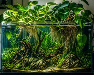 Lush aquarium with emergent plants growing above water, featuring dense roots submerged and natural aquascape design.