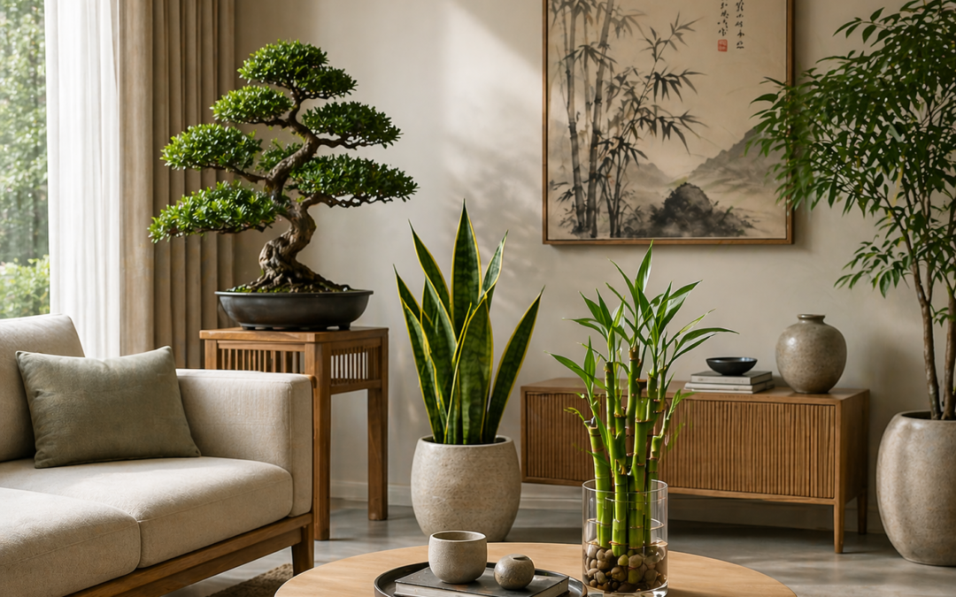 Minimalist living room with bonsai, snake plant, and lucky bamboo arranged in neutral decor under soft natural light.