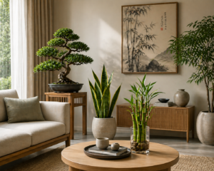 Minimalist living room with bonsai, snake plant, and lucky bamboo arranged in neutral decor under soft natural light.